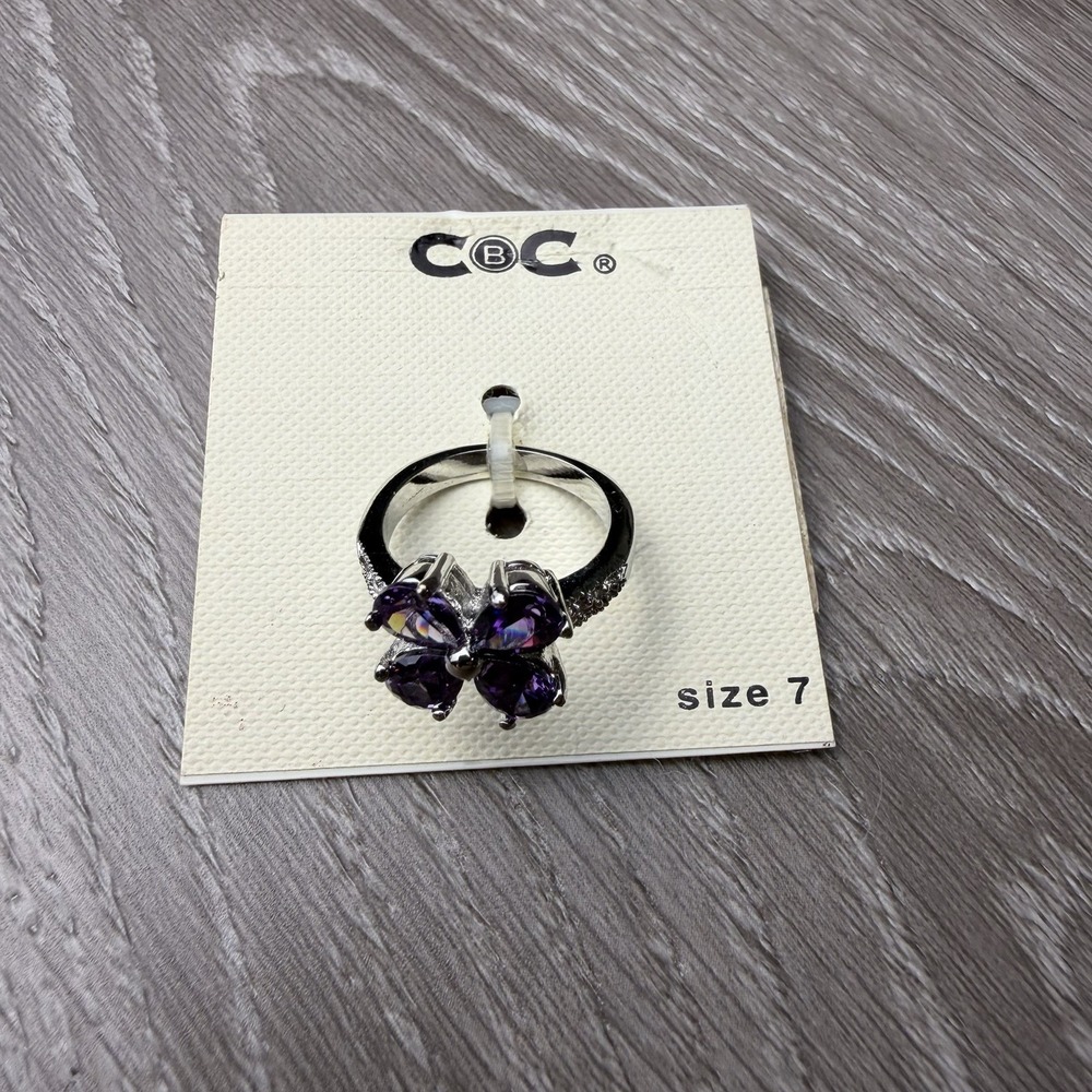 CBC Macy's Silvertone Flower Ring Four‎ Leaf Clover Purple CZ Size 7 New